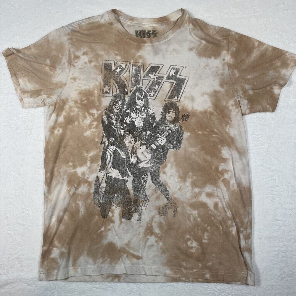 KISS  Men's Large Brown Tie Dye‎ Short Sleeve Band Concert T-Shirt Retro